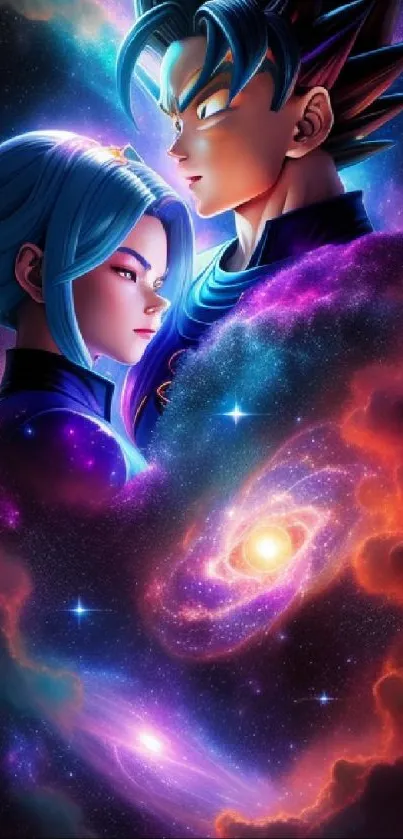 Anime characters in a cosmic galaxy scene.