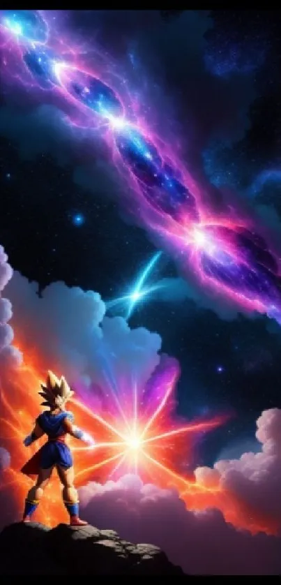 Anime warrior stands under vibrant cosmic nebula.