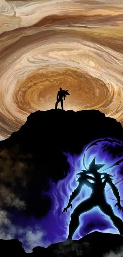 Epic cosmic-themed mobile wallpaper with silhouetted hero and swirling earthy sky.