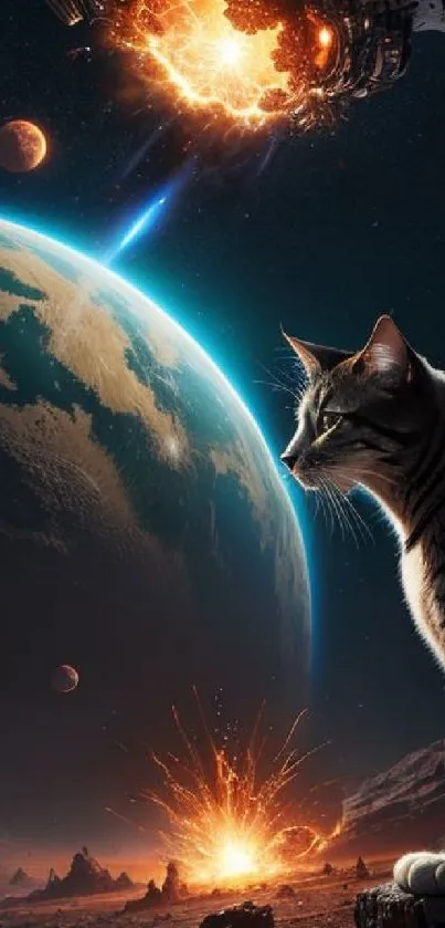 Cat gazes over an exploding planet in space.