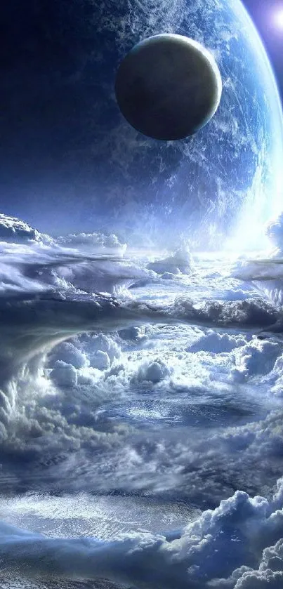 Stunning space scene with clouds and planets in a cosmic wallpaper design.