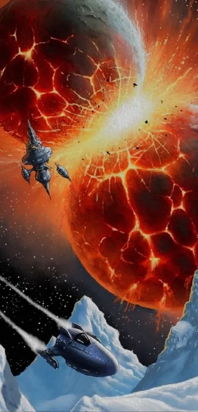 Epic space wallpaper with exploding planets and icy landscape.