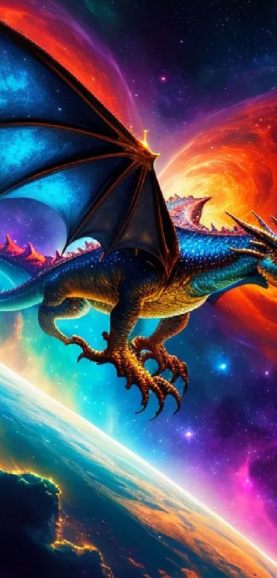 Cosmic dragon soaring through space with vivid colors and galaxies.