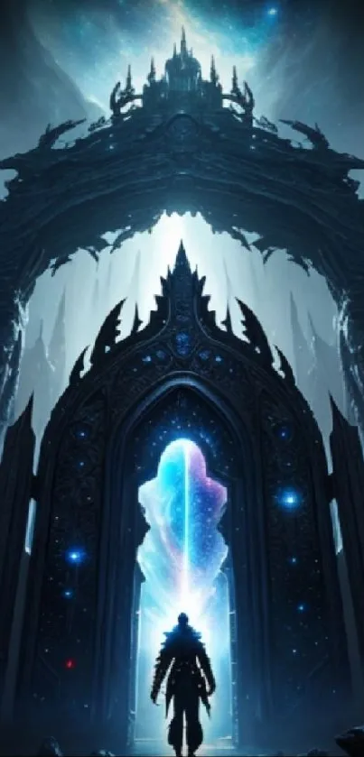 Silhouette facing a majestic glowing portal with cosmic elements.