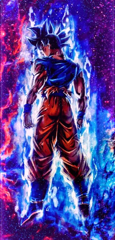 Anime fighter with cosmic blue energy background.