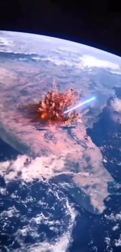 A vibrant cosmic impact scene with meteor hitting Earth, seen from space.