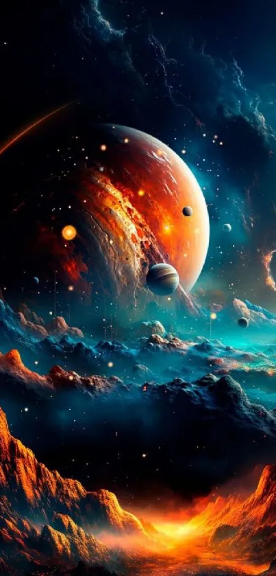 Colorful cosmic universe with planets and stars.