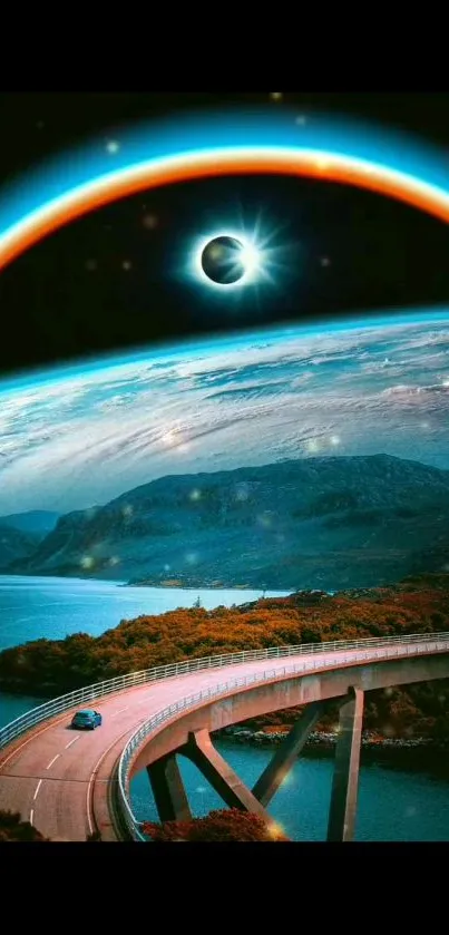 A cosmic landscape with a solar eclipse over earth and a scenic winding road.