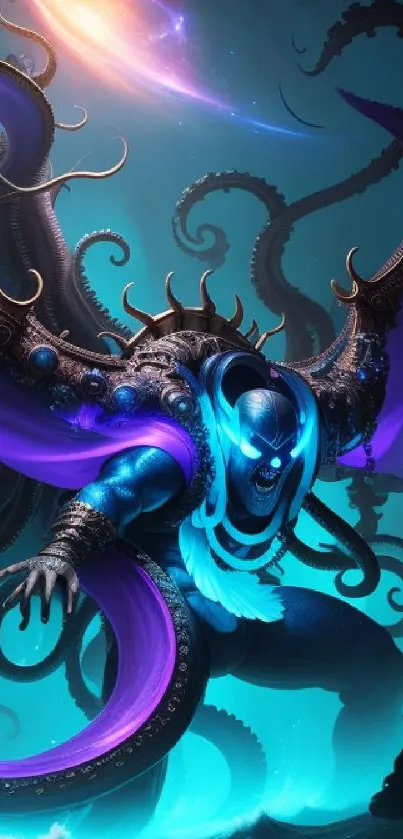 Epic cosmic monster with blue and purple tentacles in galaxy theme.