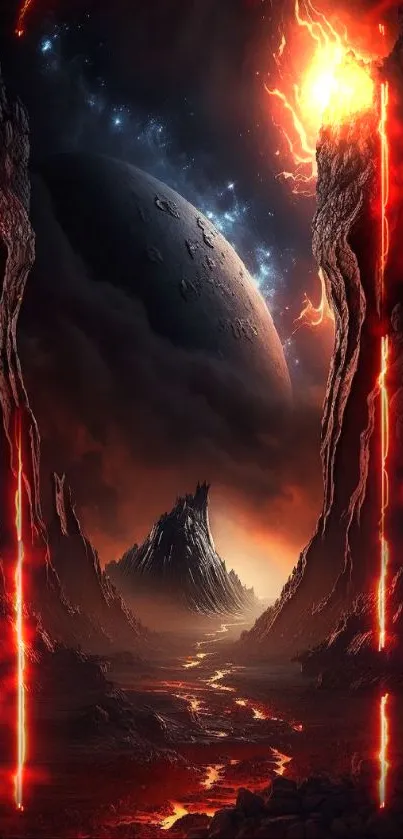 Epic cosmic scene with dark mountains and a glowing planet in the sky.