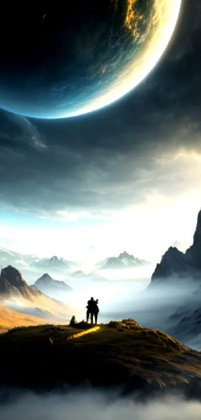 Epic cosmic wallpaper with planet over mountains.