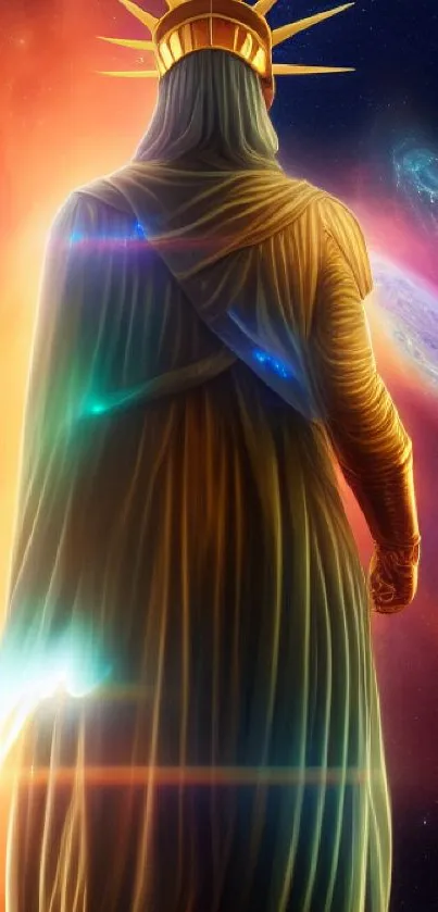 Epic statue with colorful cosmic background.