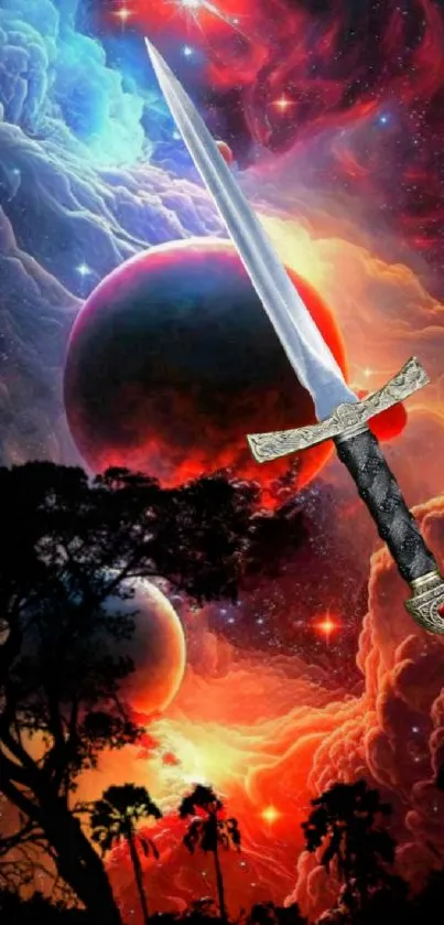 Epic sword and cosmic background with planets and trees silhouette.