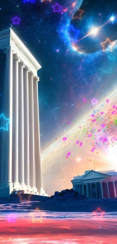 Cosmic scene with temple columns and starry sky on mobile wallpaper.