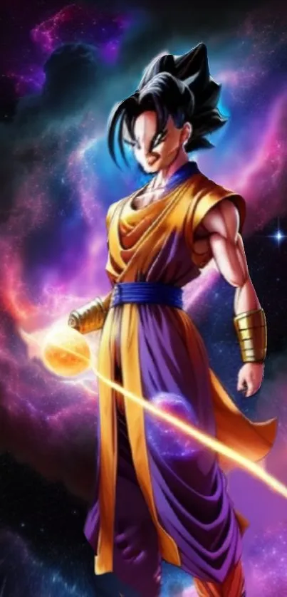 Epic cosmic warrior stands amidst vibrant galactic backdrop.