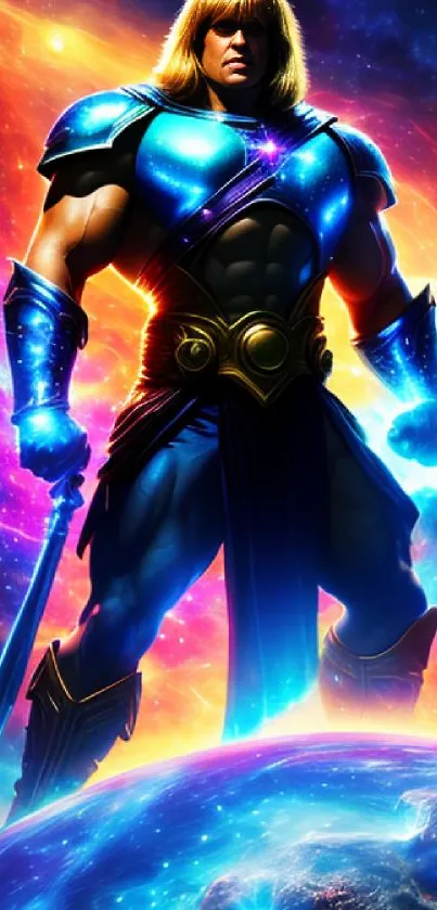 Epic cosmic warrior in vibrant armor set against a galactic background.