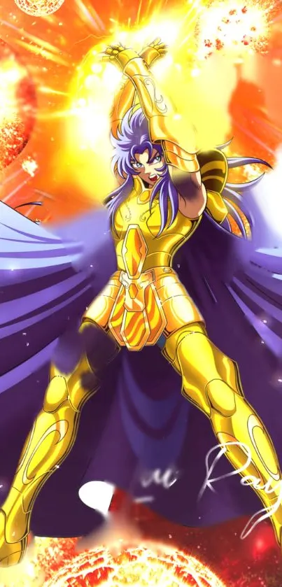 Golden-armored warrior with cosmic explosions and vibrant colors.