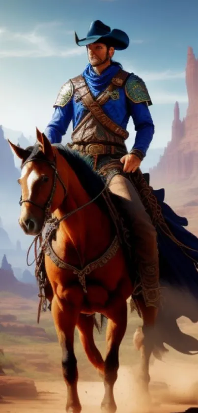 Cowboy riding through majestic canyon landscape, perfect wallpaper.