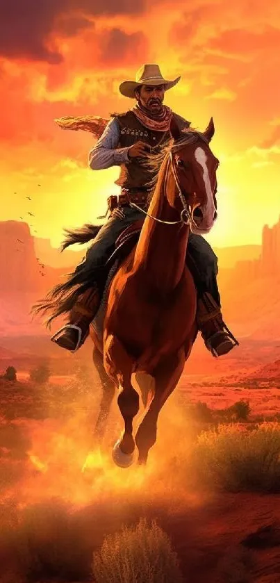 Cowboy riding horse in vibrant sunset desert landscape