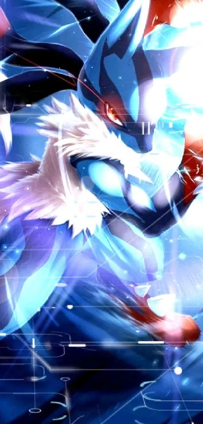 Epic creature in dynamic action scene with blue aura and vivid colors.