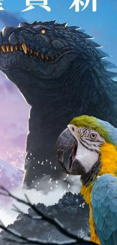 A parrot with a giant creature in beautiful wallpaper art.