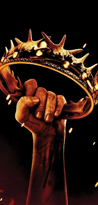 Hand gripping a crown with fiery embers on a dark background.