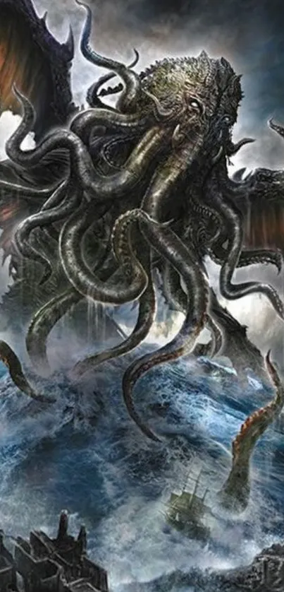 Epic Cthulhu battling stormy waves in dark fantasy art.