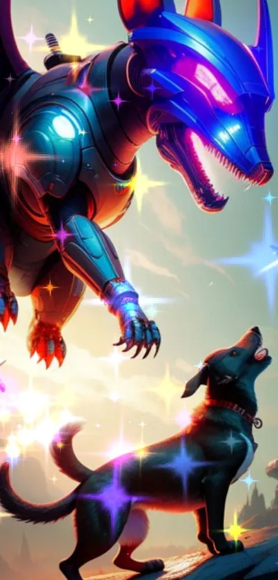 Epic digital art depicting a cyber-dragon facing a brave dog in a futuristic setting.