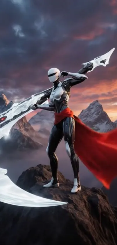 Futuristic cyber warrior on mountain peak at sunset