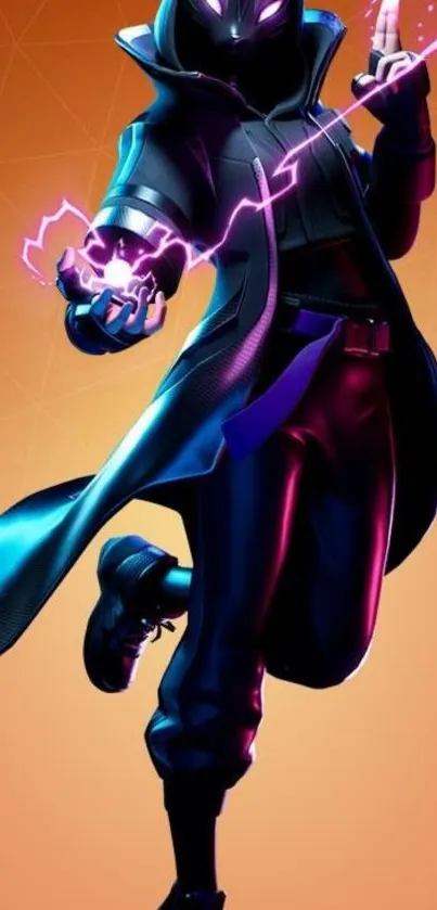 Futuristic cyber wizard on orange background with vibrant lights.