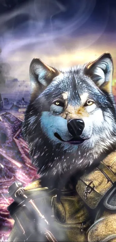 Cyber wolf warrior in futuristic armor with a sci-fi background.