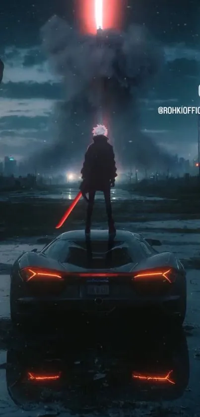 A lone figure on a car amidst a cyberpunk cityscape at night with neon lights.