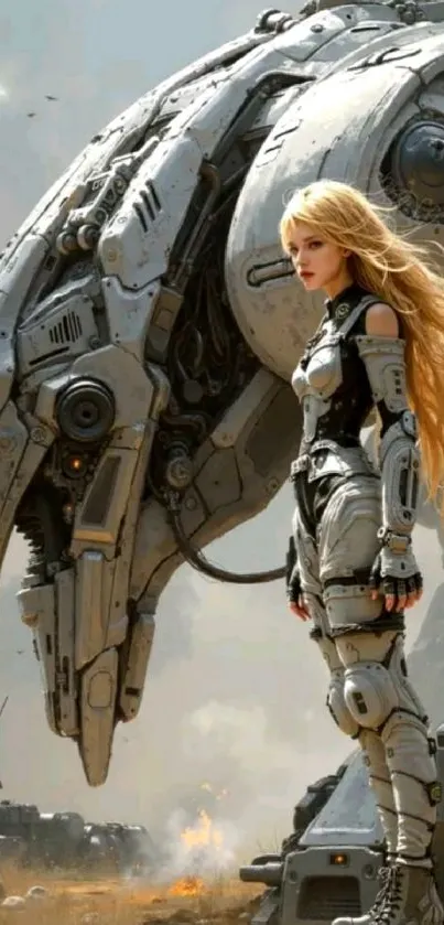 Cyborg warrior stands beside a massive mech in a futuristic battlefield.