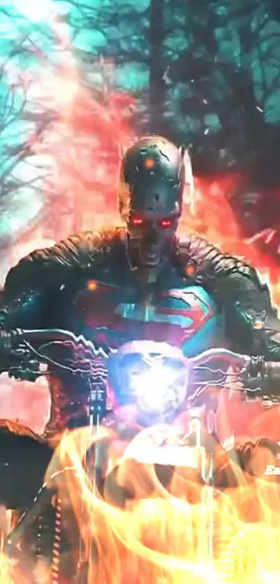 Epic cyborg with glowing eyes amidst fiery background on a motorbike.