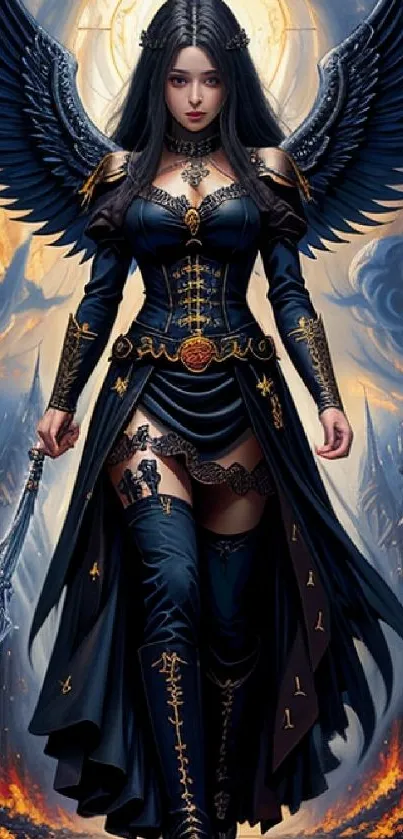 Dark angel artwork with wings and warrior in a fantasy setting.