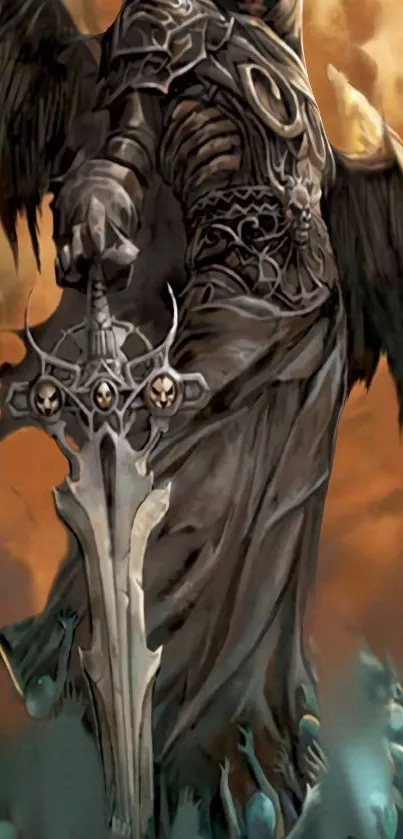 Epic dark angel with sword and wings on fiery background.