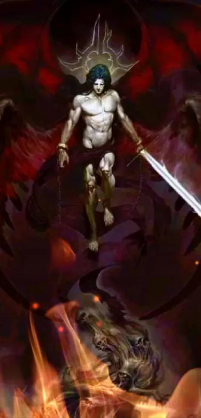 Epic dark winged angel with sword in fantasy art.