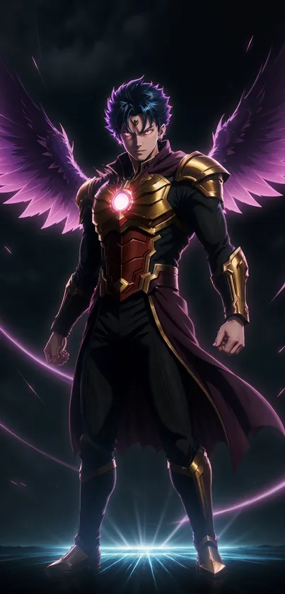 Epic warrior with purple wings in anime style.