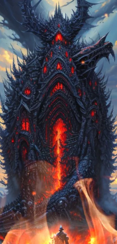 Dark fantasy castle with glowing fire in surreal wallpaper.