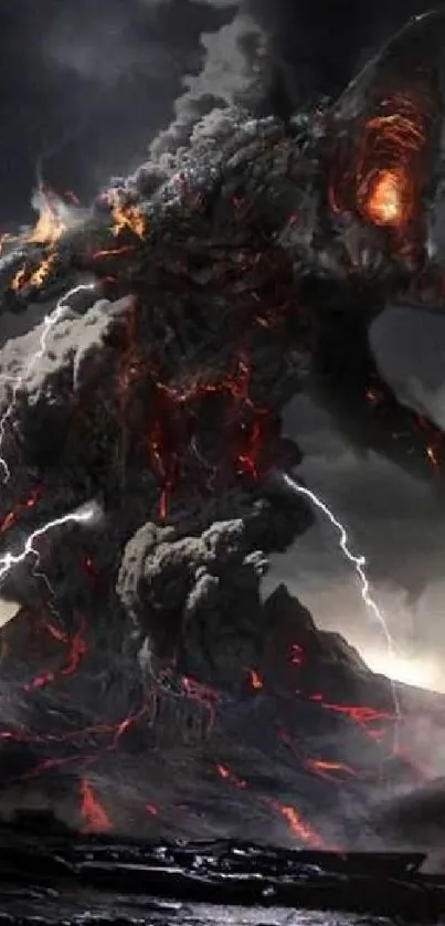 Epic dark creature in stormy setting with lightning and volcanic elements.