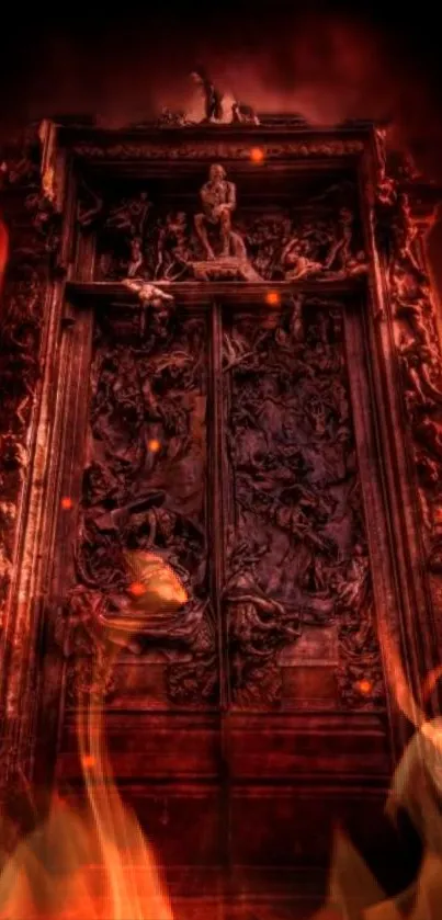 Epic dark doorway with fiery artistic details.