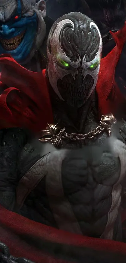 Dark fantasy artwork with mysterious armored figure in red and gray hues.