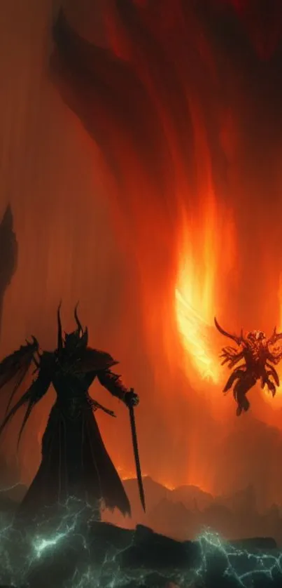 Epic fiery battle scene in dark fantasy art style.