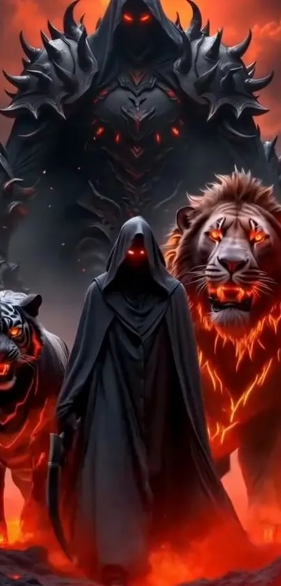 Dark fantasy art with a hooded figure, lion, and tiger in fiery shades.