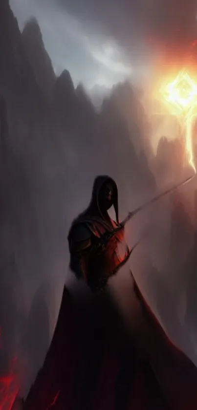 Dark fantasy wallpaper with a cloaked figure and glowing symbol.