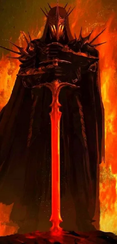 Menacing dark figure with flame background holding a glowing red sword.