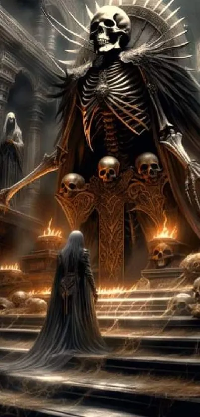 Dark fantasy wallpaper with skeletal figure and gothic elements.