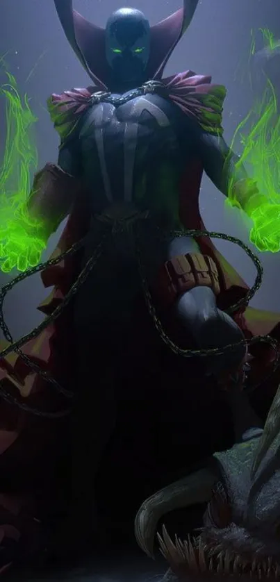 Epic dark fantasy warrior with glowing green energy.