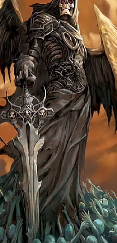 Epic dark fantasy warrior with wings and sword in a mythical battle scene.