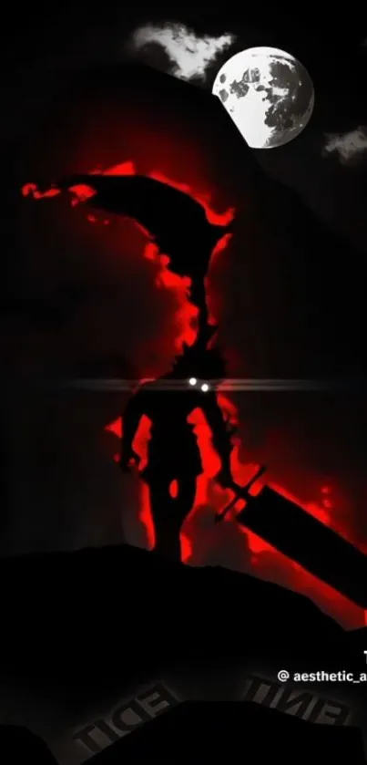 Silhouette of a warrior with a large sword against a red sky and moon.